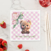 かわいいテディベアーピンクのギンガムフローラベビーシャワー スタンダードランチョンナプキン (インサイチュ)