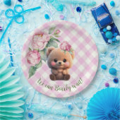 かわいいテディベアーピンクのギンガムフローラベビーシャワー ペーパープレート (パーティー)