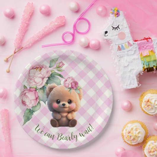 かわいいテディベアーピンクのギンガムフローラベビーシャワー ペーパープレート (パーティー)