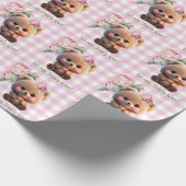 かわいいテディベアーピンクのギンガムフローラベビーシャワー ラッピングペーパー (角)
