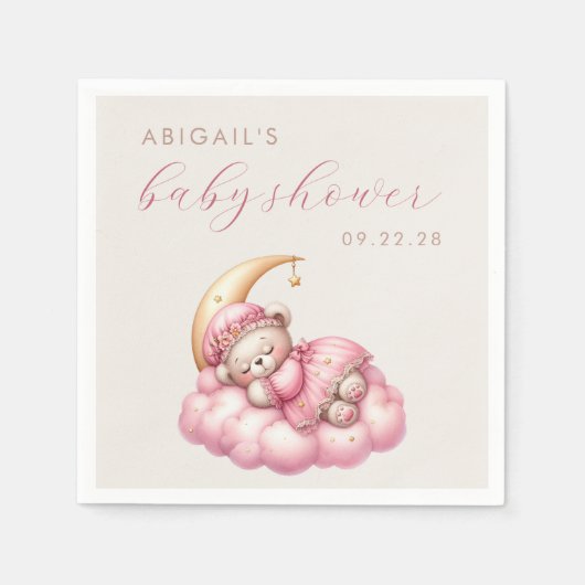 かわいいテディベアーピンクのムーンガール赤ちゃんシャワー スタンダードカクテルナプキン (正面)
