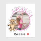 かわいいテディベアーピンクの名前とフォトガール シール (シート)