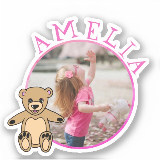 かわいいテディベアーピンクの名前とフォトガール シール (正面)