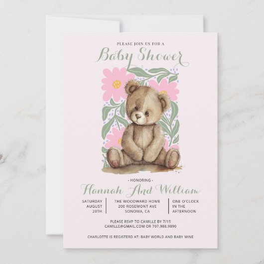 かわいいテディベアーピンクの女の子の赤ちゃんシャワー 招待状 (正面)