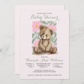 かわいいテディベアーピンクの女の子の赤ちゃんシャワー 招待状 (正面/裏面)