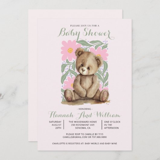 かわいいテディベアーピンクの女の子の赤ちゃんシャワー 招待状 (正面/裏面)