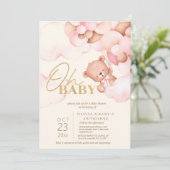 かわいいテディベアーピンクバルーン赤ちゃんガールシャワー 招待状 (スタンド正面)