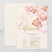 かわいいテディベアーピンクバルーン赤ちゃんガールシャワー 招待状 (正面/裏面)