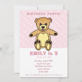 かわいいテディベアーピンク水玉模様ガール誕生日 招待状 (正面)