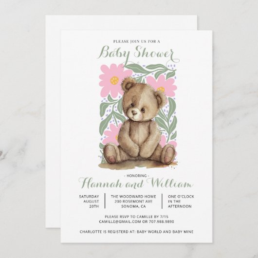 かわいいテディベアーピンク赤ちゃんシャワー 招待状 (正面/裏面)