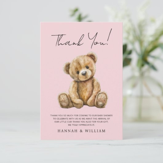 かわいいテディベアーピンク赤ちゃん女の子の赤ちゃんシャワー サンキューカード (スタンド正面)