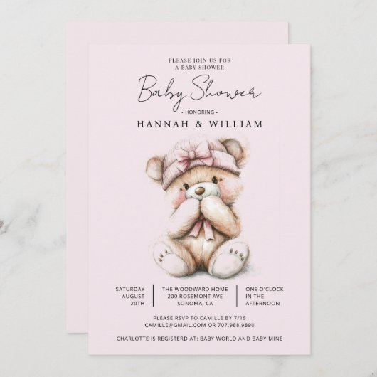 かわいいテディベアーピンク赤ちゃん女の子の赤ちゃんシャワー 招待状 (正面/裏面)