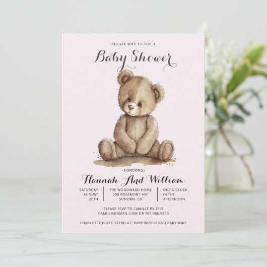 かわいいテディベアーピンク赤ちゃん女の子の赤ちゃんシャワー 招待状 (スタンド正面)