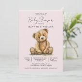 かわいいテディベアーピンク赤ちゃん女の子の赤ちゃんシャワー 招待状 (スタンド正面)