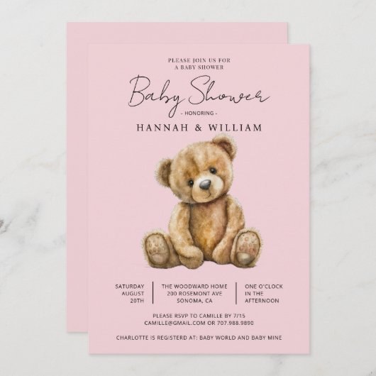 かわいいテディベアーピンク赤ちゃん女の子の赤ちゃんシャワー 招待状 (正面/裏面)