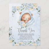 かわいいテディベアーブルーフローラバンドルボーイベビーシャワー サンキューカード (正面/裏面)