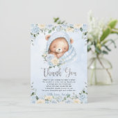 かわいいテディベアーブルーフローラバンドルボーイベビーシャワー サンキューカード (スタンド正面)