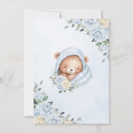 かわいいテディベアーブルーフローラバンドルボーイベビーシャワー サンキューカード (裏面)