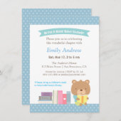 かわいいテディベアーブルー水玉模様ブックベビーシャワー 招待状 (正面/裏面)