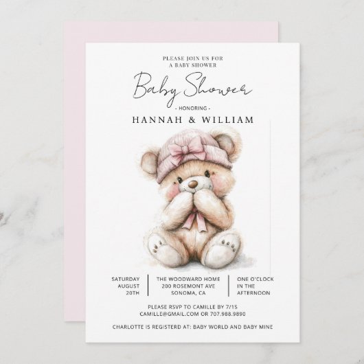 かわいいテディベアーベビーガールベビーシャワー 招待状 (正面/裏面)