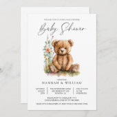 かわいいテディベアーワイルドフラワーベビーシャワー 招待状 (正面/裏面)