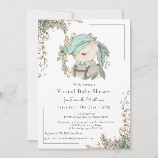 かわいいテディベア仮想ベビーシャワー男の子のために 招待状 (正面)