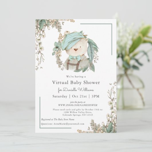かわいいテディベア仮想ベビーシャワー男の子のために 招待状 (スタンド正面)
