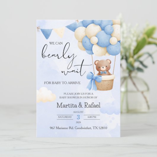 かわいいテディベア侵入気球ベイビーシャワー 招待状 (スタンド正面)