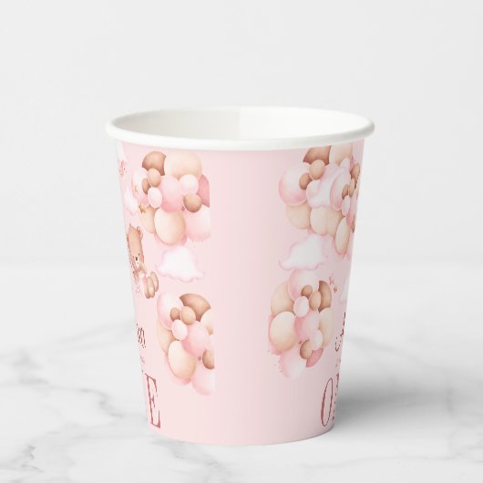 かわいいテディベア保持バルーンベビーガール誕生日 紙コップ (左)