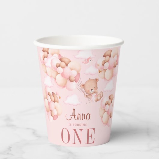 かわいいテディベア保持バルーンベビーガール誕生日 紙コップ (正面)