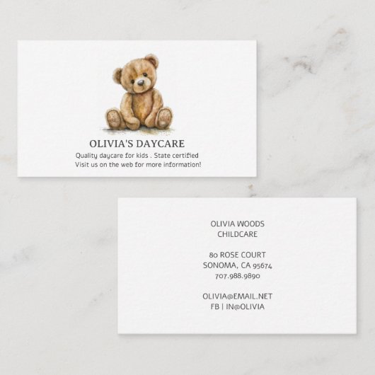 かわいいテディベア保育園ベビーシッター 名刺 (正面/裏面)