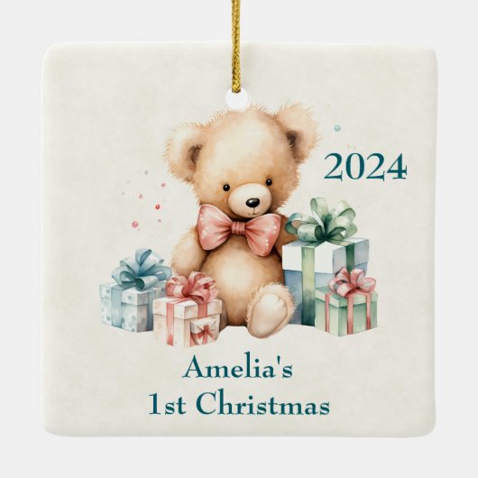 かわいいテディベア初めてのクリスマス セラミックオーナメント (裏面)