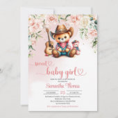 かわいいテディベア女性のカーボーイ女の子の赤ちゃんシャワー 招待状 (正面)