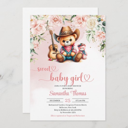 かわいいテディベア女性のカーボーイ女の子の赤ちゃんシャワー 招待状 (正面/裏面)
