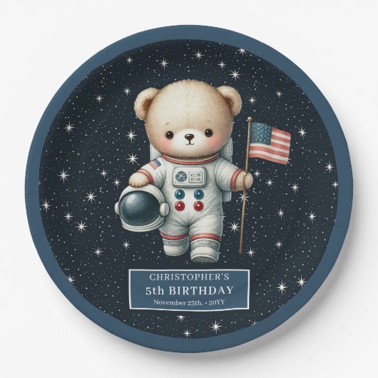 かわいいテディベア宇宙飛行士男の赤ちゃんシャワーパーティー ペーパープレート (正面)