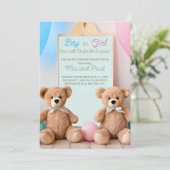 かわいいテディベア彼または彼女が性別を明かす 招待状 (スタンド正面)