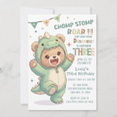 かわいいテディベア恐竜 | 3歳の誕生日 招待状 (正面)