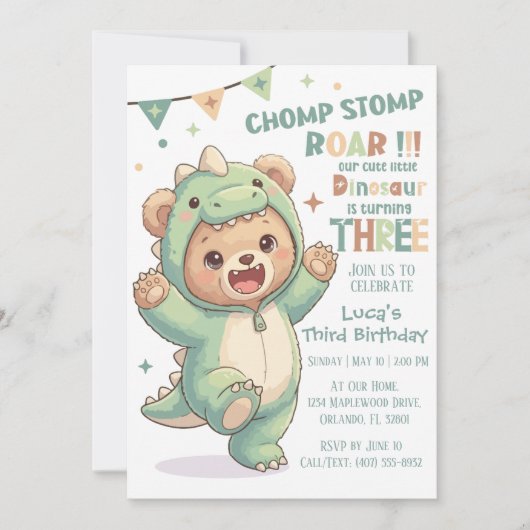 かわいいテディベア恐竜 | 3歳の誕生日 招待状 (正面)