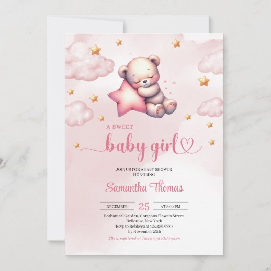かわいいテディベア星の女の子の赤ちゃんシャワー 招待状 (正面)