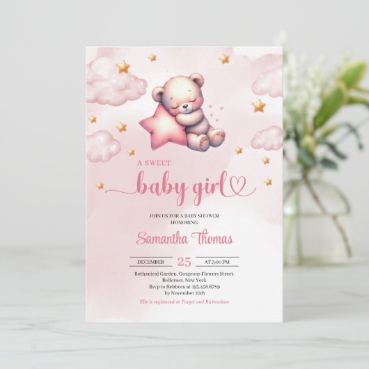 かわいいテディベア星の女の子の赤ちゃんシャワー 招待状 (スタンド正面)