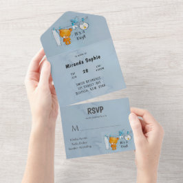 かわいいテディベア服ラインボーイベビーシャワー オールインワン招待状