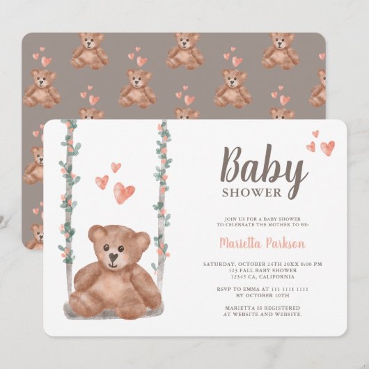 かわいいテディベア水彩フローラベビーシャワー 招待状 (正面/裏面)