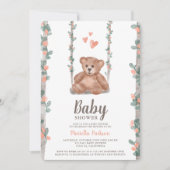 かわいいテディベア水彩フローラベビーシャワー 招待状 (正面)