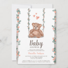 かわいいテディベア水彩フローラベビーシャワー 招待状