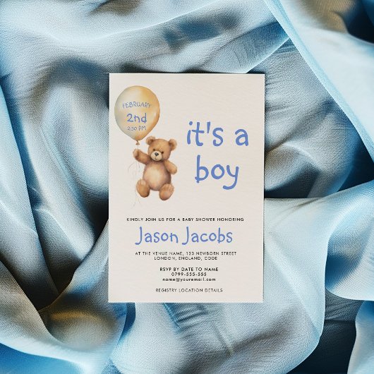 かわいいテディベア浮動バルーンベビーシャワー 招待状