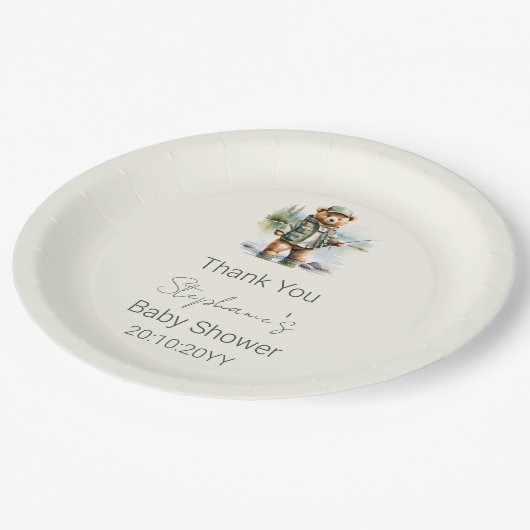 かわいいテディベア漁師リール興奮ベビーシャワー ペーパープレート (アングル)