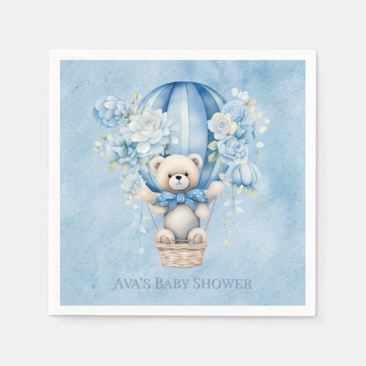 かわいいテディベア熱い気球の男の子の赤ちゃんシャワー スタンダードカクテルナプキン (正面)