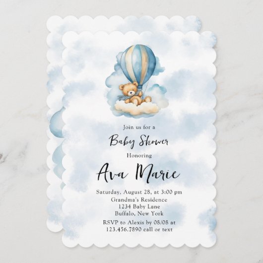 かわいいテディベア熱い空気バルーンボーイ赤ちゃんシャワー 招待状 (正面/裏面)