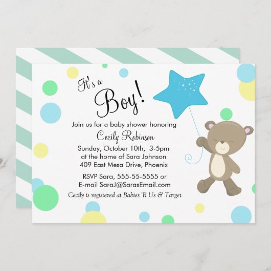 かわいいテディベア男の子の赤ちゃんシャワー 招待状 (正面/裏面)