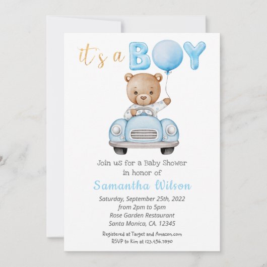 かわいいテディベア男の子の赤ちゃんシャワー 招待状 (正面)